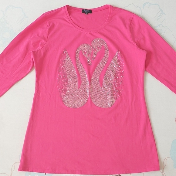Anna sui pink swan crystals 3/4 sleeve top - Picture 3 of 11